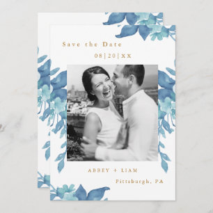Pretty Blue Floral and Foliage Photo Wedding Save The Date