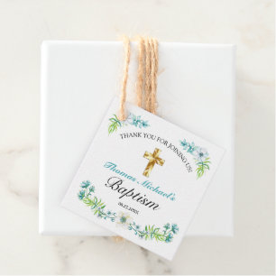 Pretty Blue Floral Gold Cross Baby Baptism Favour Tags