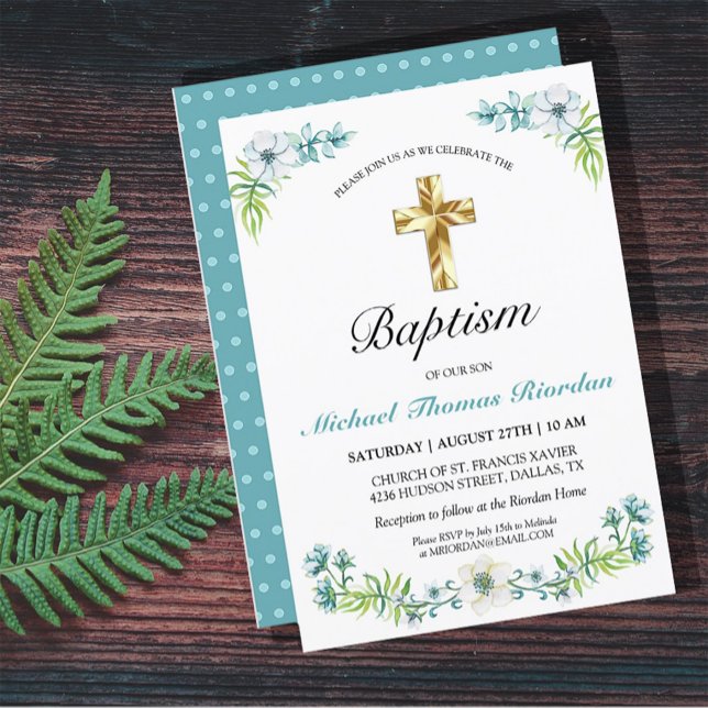 Pretty Blue Floral Gold Cross Boy Baptism Invitation (Creator Uploaded)