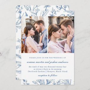 Pretty Blue Floral Pattern Two Photo Wedding Invitation