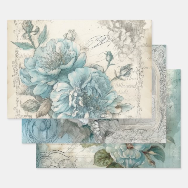 Pretty Blue Floral Shabby Chic  Wrapping Paper Sheet (Set)