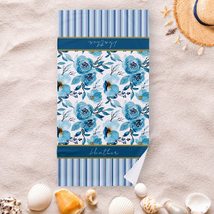 Pretty Blue Floral Striped Personalised Beach Towel
