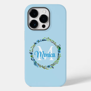 Pretty Blue Floral Wreath with Monogram Case-Mate iPhone 14 Pro Case