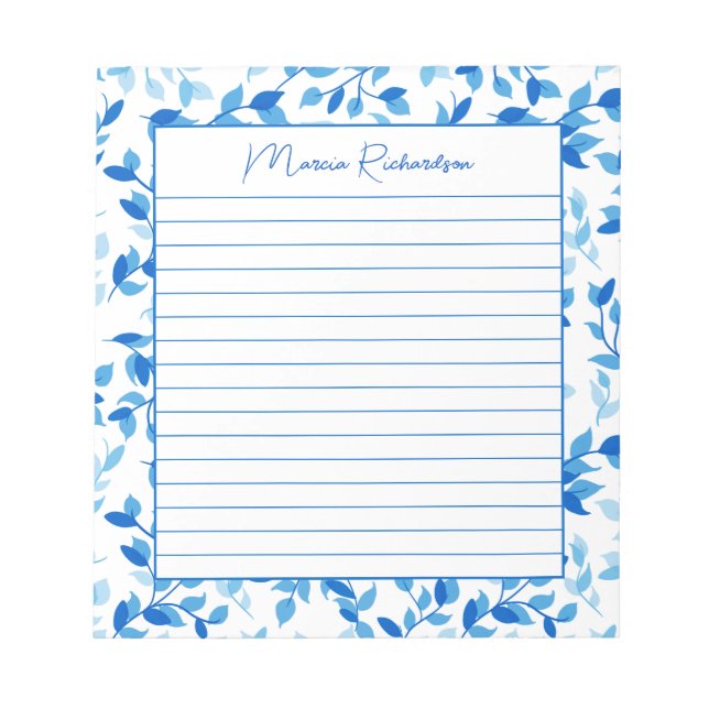 Pretty Blue Florals Modern Personalised Lined Notepad (Front)