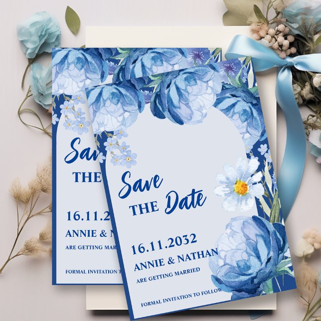 Pretty Blue Florals Trendy Wedding Save the Date (Pretty Blue Florals Trendy Wedding Save the Date Invitation)