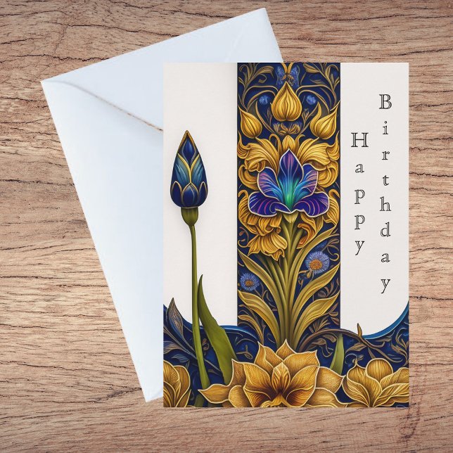 Pretty Blue Flower Art Deco Illustration Birthday Card (Creator Uploaded)