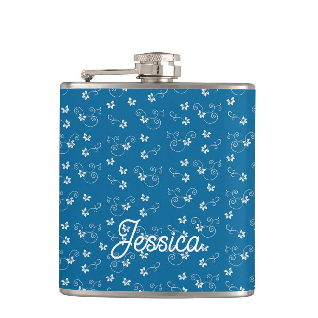 Pretty Blue Flower Pattern Personalised Hip Flask (Front)