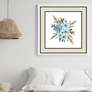 Pretty Blue Flowers Black Lines Pale Beige Border Poster