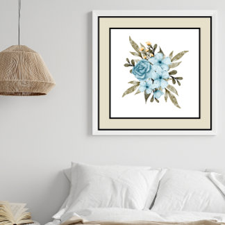 Pretty Blue Flowers Black Lines Pale Beige Border Poster