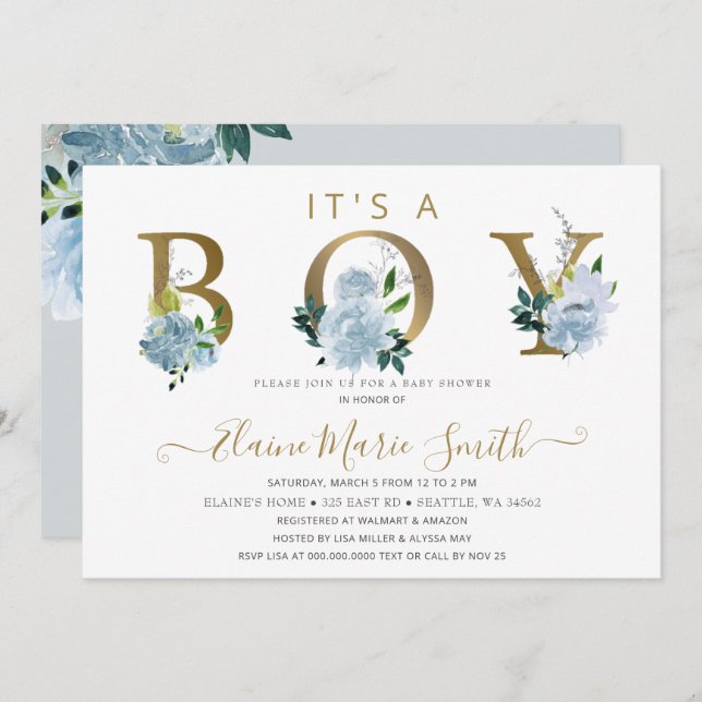 Pretty Blue Flowers Floral Boy Baby Shower  Invitation (Front/Back)