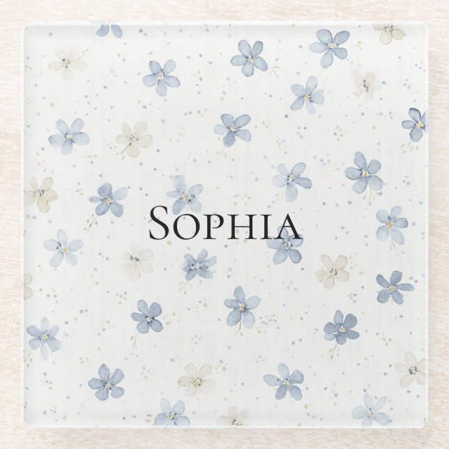 Pretty Blue Flowers Glass Coaster (Front)