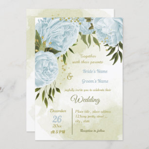 pretty blue flowers greenery geometric wedding invitation