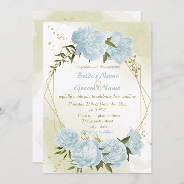 pretty blue flowers greenery geometric wedding invitation (Front/Back)