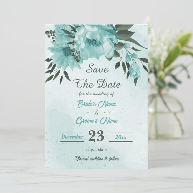 pretty blue flowers greenery  save the date (Standing Front)
