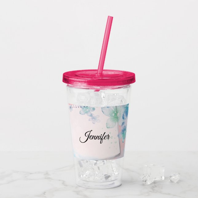 Pretty Blue Flowers on Pink Background Acrylic Tumbler (Back Ice)