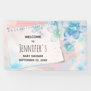 Pretty Blue Flowers on Pink Background Baby Shower Banner