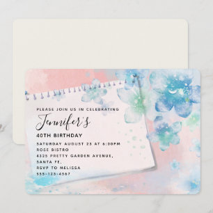  Pretty Blue Flowers on Pink Background Birthday Invitation