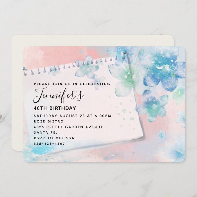  Pretty Blue Flowers on Pink Background Birthday Invitation (Front/Back)