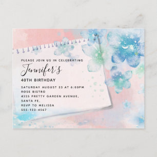 Pretty Blue Flowers on Pink Background Birthday Invitation Postcard