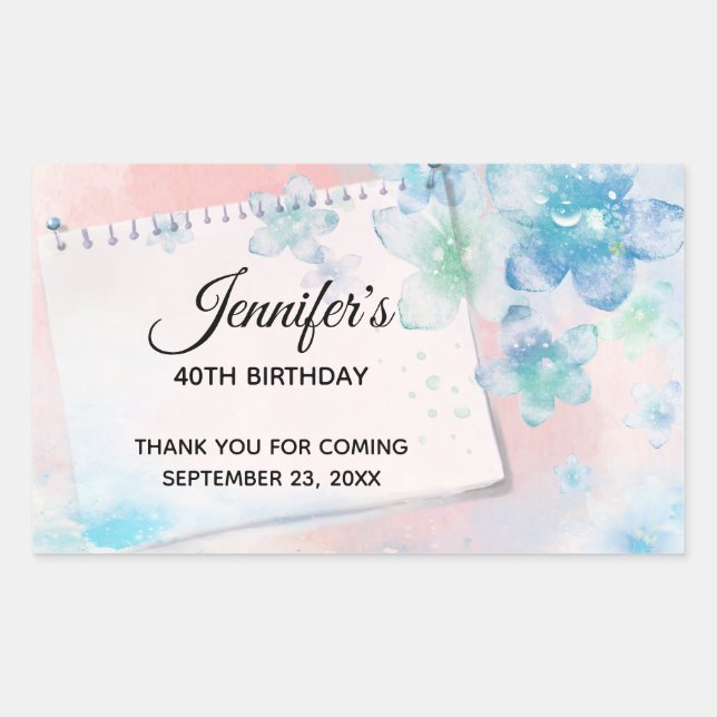 Pretty Blue Flowers on Pink Background Birthday Rectangular Sticker (Front)