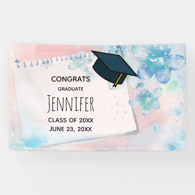 Pretty Blue Flowers on Pink Background Graduation Banner (Horizontal)