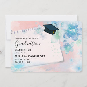 Pretty Blue Flowers on Pink Background Graduation Invitation