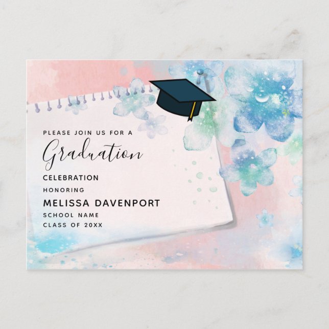  Pretty Blue Flowers on Pink Background Graduation Invitation Postcard (Front)
