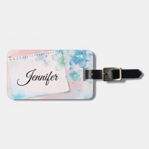 Pretty Blue Flowers on Pink Background Luggage Tag