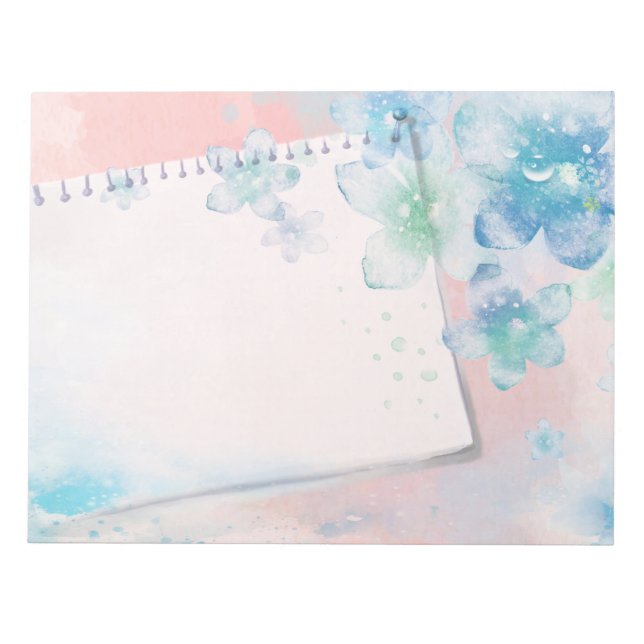 Pretty Blue Flowers on Pink Background Notepad (Front)