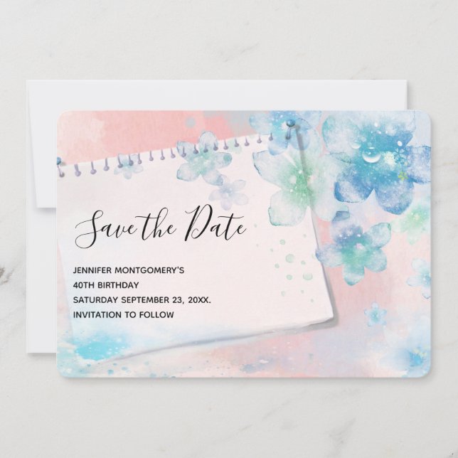 Pretty Blue Flowers on Pink Background Save The Date (Front)