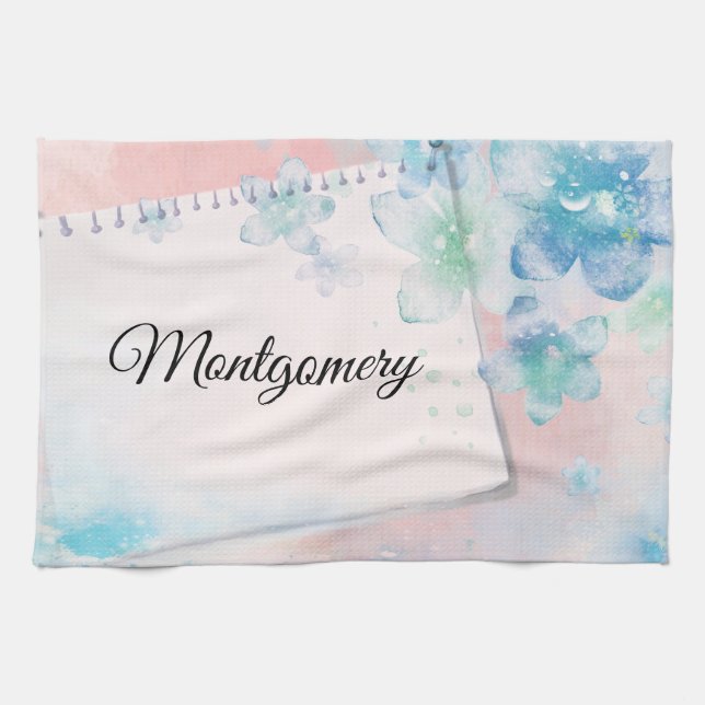 Pretty Blue Flowers on Pink Background Tea Towel (Horizontal)