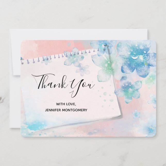 Pretty Blue Flowers on Pink Background Thank You Card (Front)