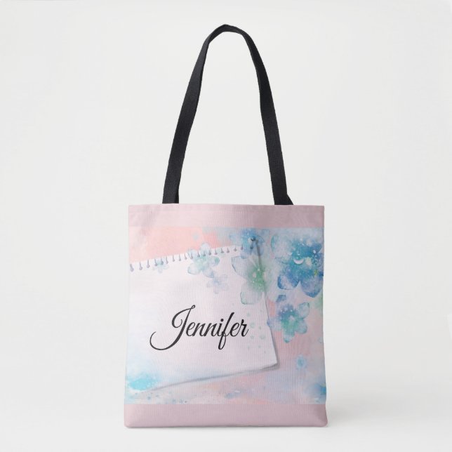 Pretty Blue Flowers on Pink Background Tote Bag (Front)