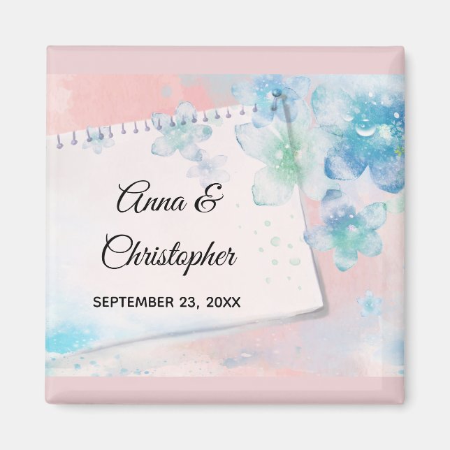  Pretty Blue Flowers on Pink Background Wedding Magnet (Front)