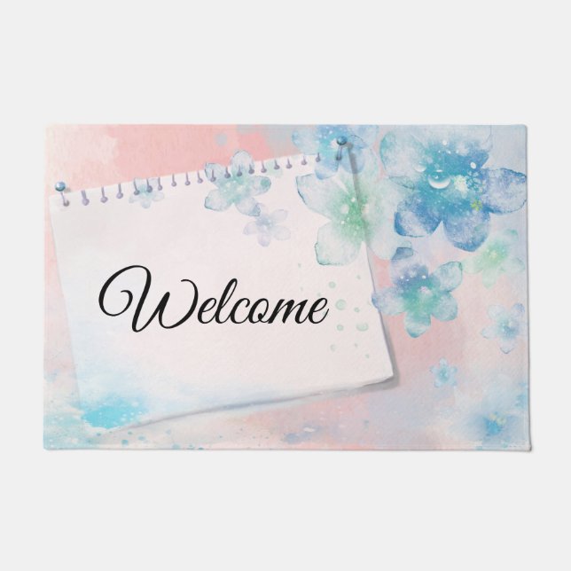 Pretty Blue Flowers on Pink Background Welcome Doormat (Front)