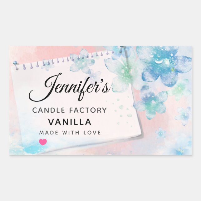 Pretty Blue Flowers on Pink - Candle or Soap Scent Rectangular Sticker (Front)