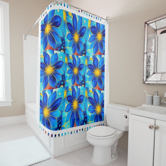 Pretty Blue Flowers Pattern Shower Curtain (In Situ)
