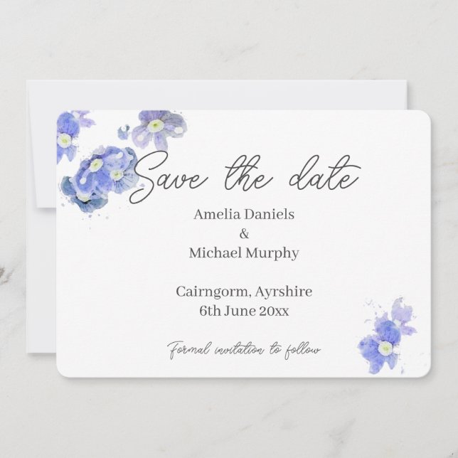 Pretty Blue Forget Me Note Flower Save The Date (Front)