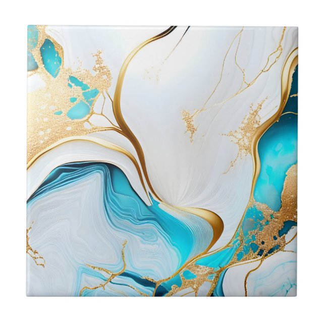 Pretty Blue Gold White Marble Design Ceramic Tile (Front)