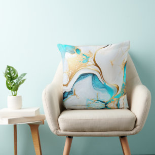 Pretty Blue Gold White Marble Design Cushion