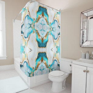 Pretty Blue Gold White Marble Design Shower Curtain