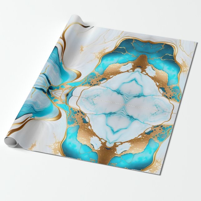 Pretty Blue Gold White Marble Design Wrapping Paper (Unrolled)