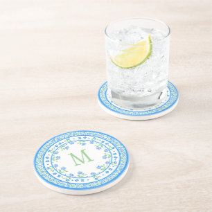 Pretty Blue Green Periwinkles Floral Round Border Coaster