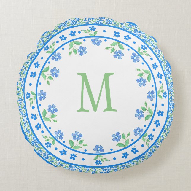 Pretty Blue Green Periwinkles Floral Round Border Cushion (Front)