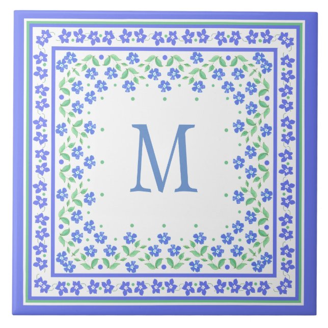 Pretty Blue Green Periwinkles Floral Square Border Tile (Front)