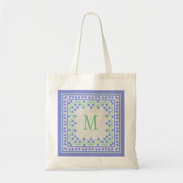 Pretty Blue Green Periwinkles Floral Square Border Tote Bag (Front)