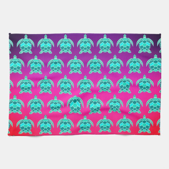 Pretty Blue green turquoise teal turtles pattern K Tea Towel (Horizontal)