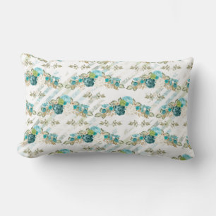 PRETTY BLUE GREEN WHITE WATERCOLOR FLOWERS LUMBAR CUSHION
