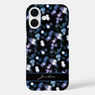 Pretty Blue Grey & Lavender Sparkle Lights w/ Name iPhone 16 Case