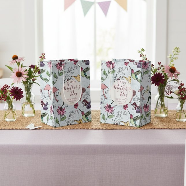 Pretty Blue Happy Mothers Day Hummingbird Garden Medium Gift Bag (Colorful Hummingbird & Flowers Gift Bag for Her. Cute Blue Hummingbirds Floral Mother's Day Pattern)
